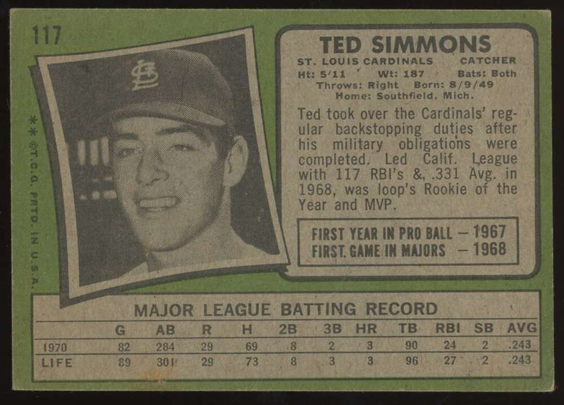 Load image into Gallery viewer, 1971 Topps Ted Simmons #117 St. Louis Cardinals Rookie RC EX-EXMINT Image 2
