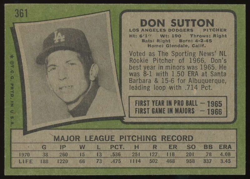 Load image into Gallery viewer, 1971 Topps Don Sutton #361 Los Angeles Dodgers NM Near Mint Image 2
