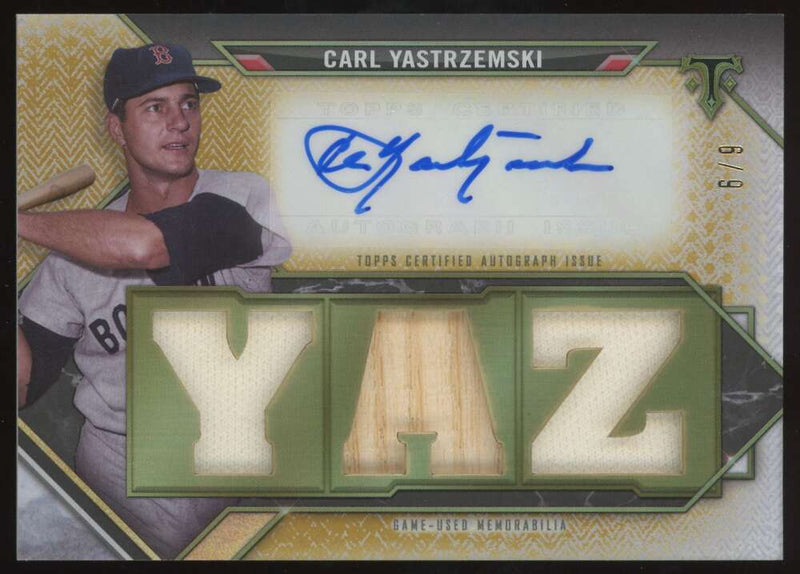 Load image into Gallery viewer, 2021 Topps Triple Threads Gold Auto Relic Carl Yastrzemski #TTAR-YAZ2 Boston Red Sox /9  Image 1
