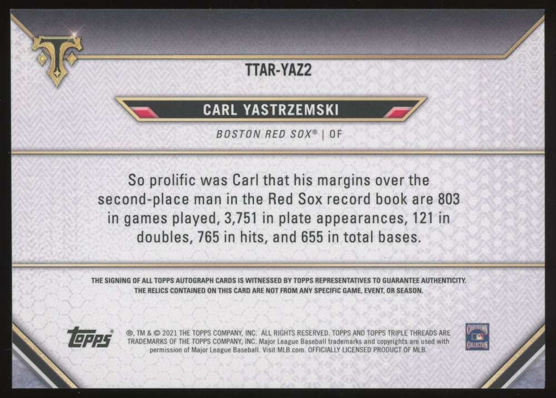 Load image into Gallery viewer, 2021 Topps Triple Threads Gold Auto Relic Carl Yastrzemski #TTAR-YAZ2 Boston Red Sox /9  Image 2
