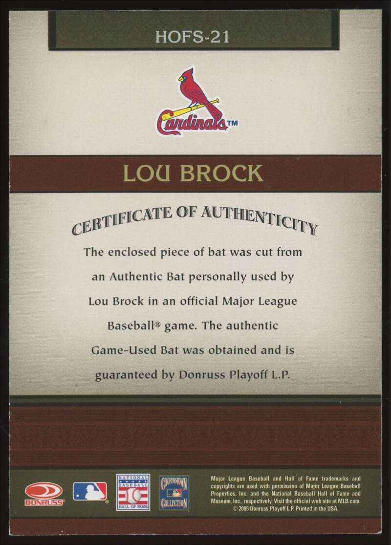 Load image into Gallery viewer, 2005 Donruss Greats HOF Souvenirs Bat Lou Brock #HOFS-21 St. Louis Cardinals Relic  Image 2
