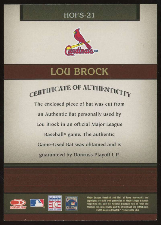 2005 Donruss Greats HOF Souvenirs Bat Lou Brock