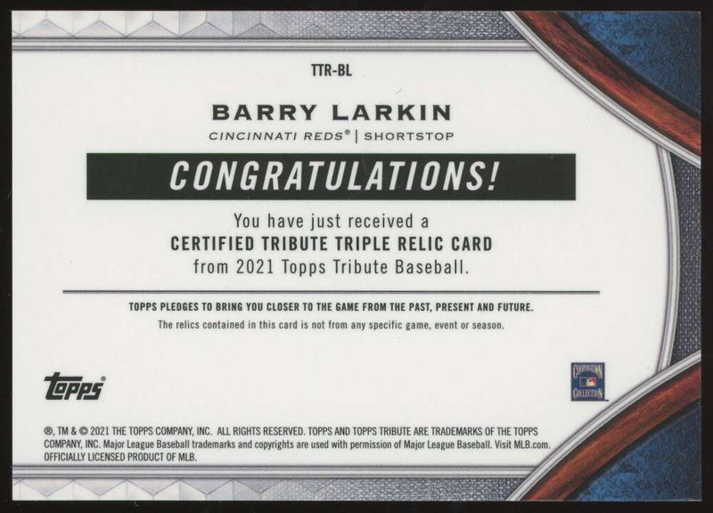 Load image into Gallery viewer, 2021 Topps Tribute Triple Relic Barry Larkin #TTR-BL Cincinnati Reds Patch /150  Image 2
