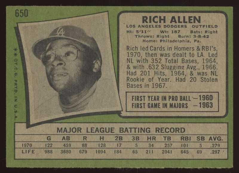 Load image into Gallery viewer, 1971 Topps Rich Allen #650 Los Angeles Dodgers High Number SP EX Image 2
