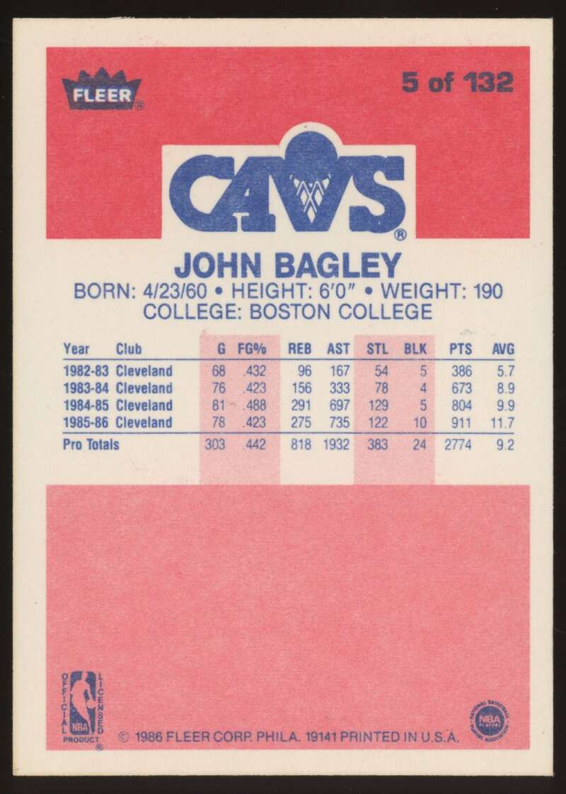 Load image into Gallery viewer, 1986-87 Fleer John Bagley #5 Cleveland Cavaliers Rookie RC NM Near Mint Image 2
