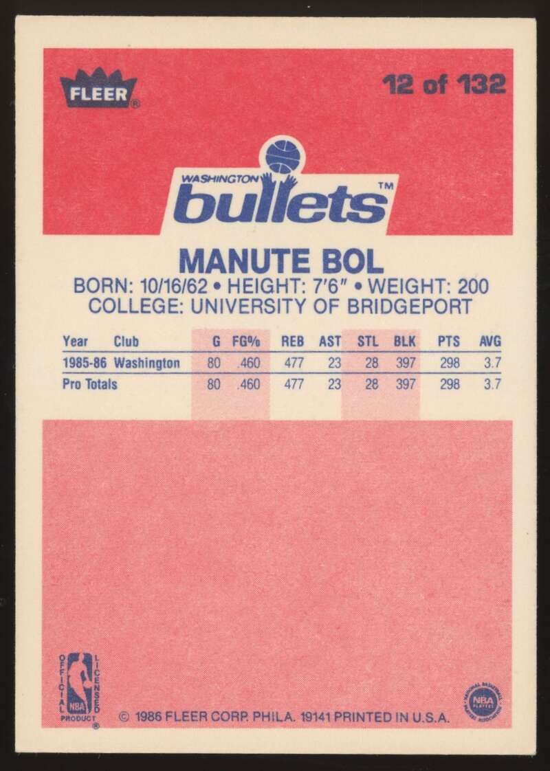 Load image into Gallery viewer, 1986-87 Fleer Manute Bol #12 Washington Bullets Rookie RC NM Near Mint Image 2
