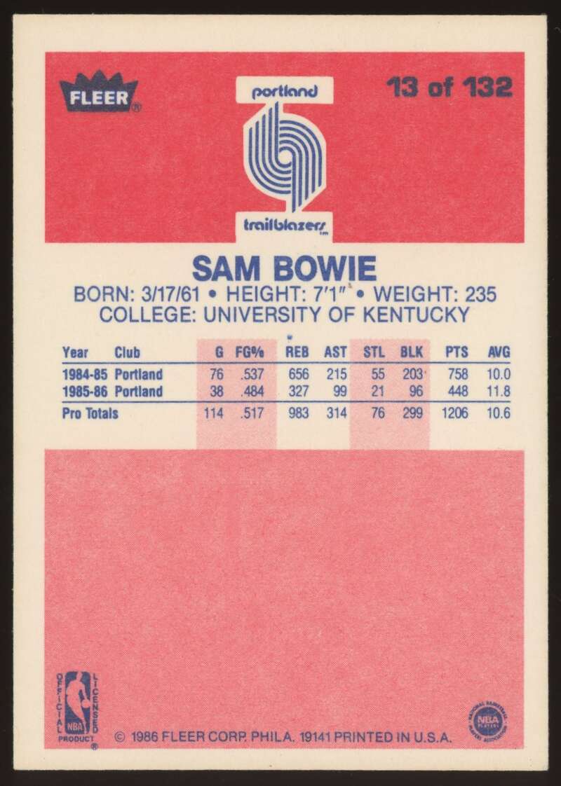 Load image into Gallery viewer, 1986-87 Fleer Sam Bowie #13 Portland Trail Blazers Rookie RC NM Near Mint Image 2
