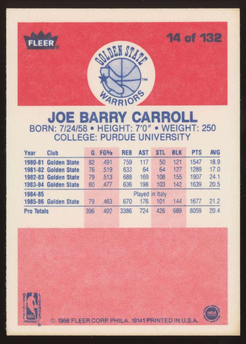 Load image into Gallery viewer, 1986-87 Fleer Joe Barry Carroll #14 Golden State Warriors NM Near Mint Image 2
