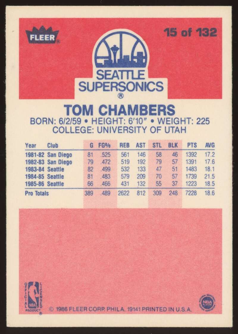 Load image into Gallery viewer, 1986-87 Fleer Tom Chambers #15 Seattle SuperSonics Rookie RC NM Near Mint Image 2
