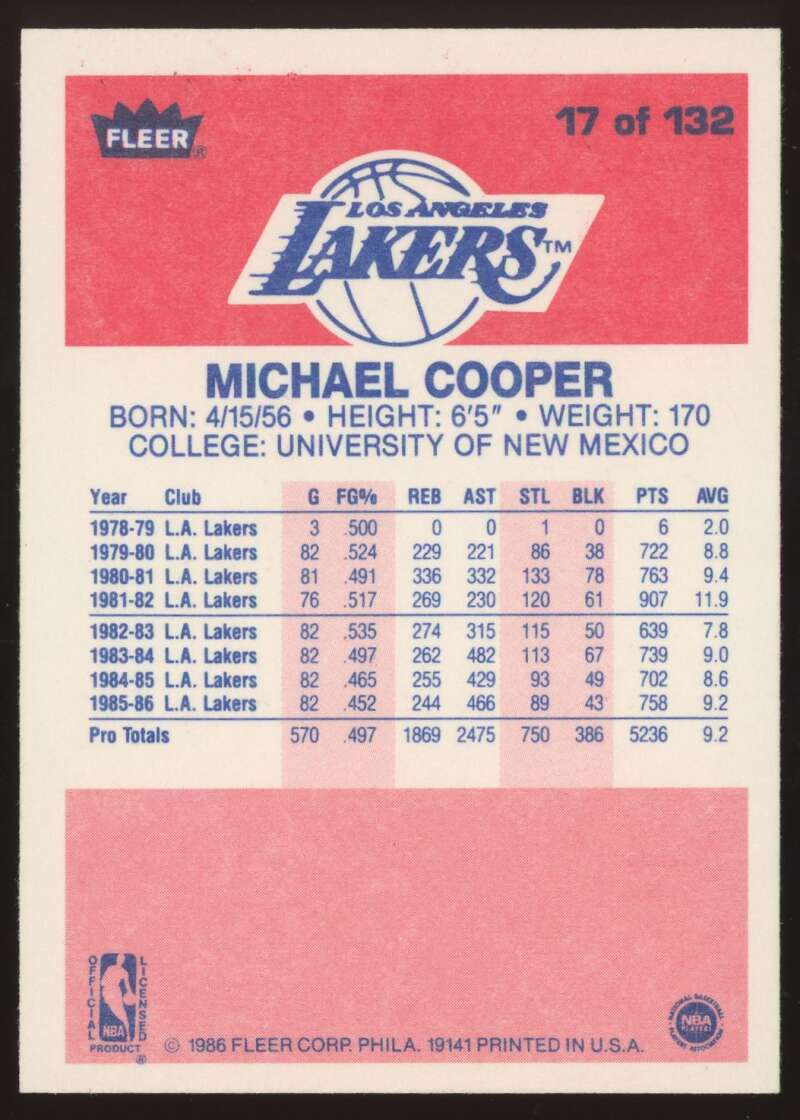 Load image into Gallery viewer, 1986-87 Fleer Michael Cooper #17 Los Angeles Lakers NM Near Mint Image 2
