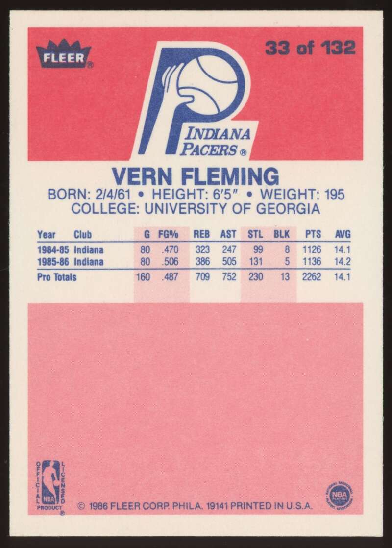 Load image into Gallery viewer, 1986-87 Fleer Vern Fleming #33 Indiana Pacers Rookie RC NM Near Mint Image 2
