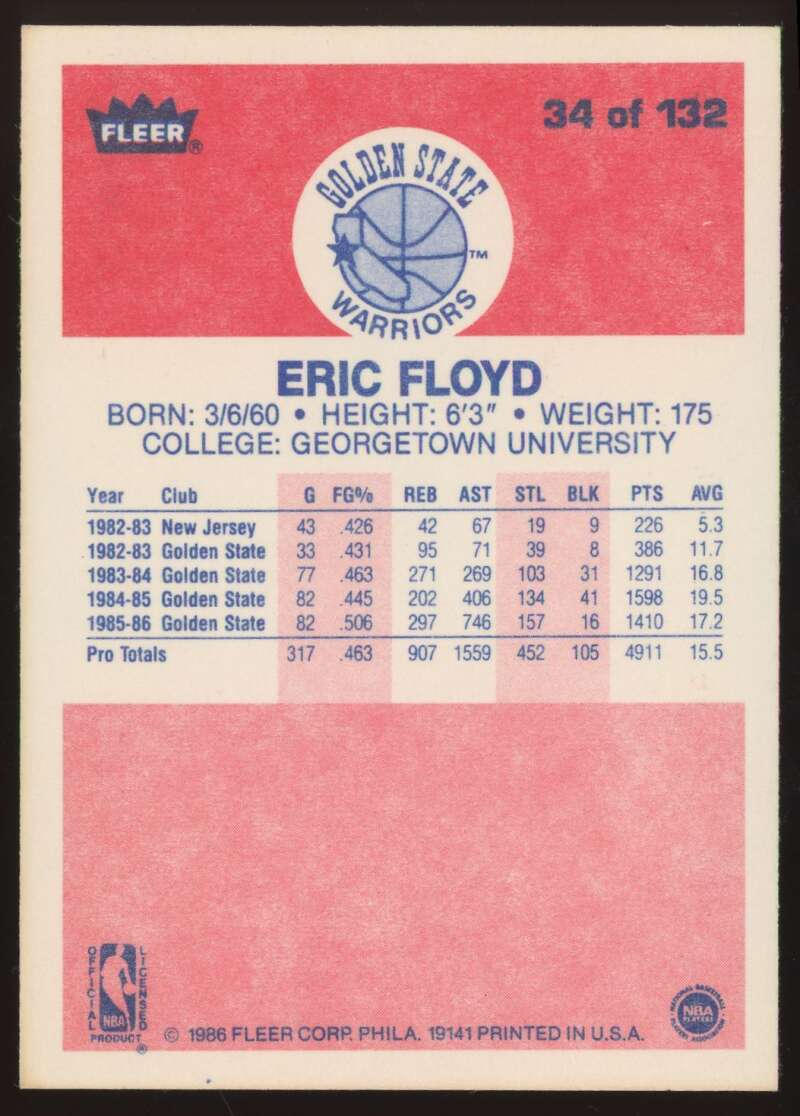 Load image into Gallery viewer, 1986-87 Fleer Eric Floyd #34 Golden State Warriors Rookie RC NM Near Mint Image 2
