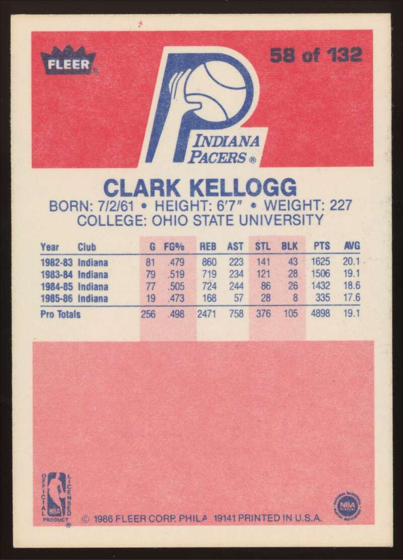 Load image into Gallery viewer, 1986-87 Fleer Clark Kellogg #58 Indiana Pacers Rookie RC EX-EXMINT Image 2
