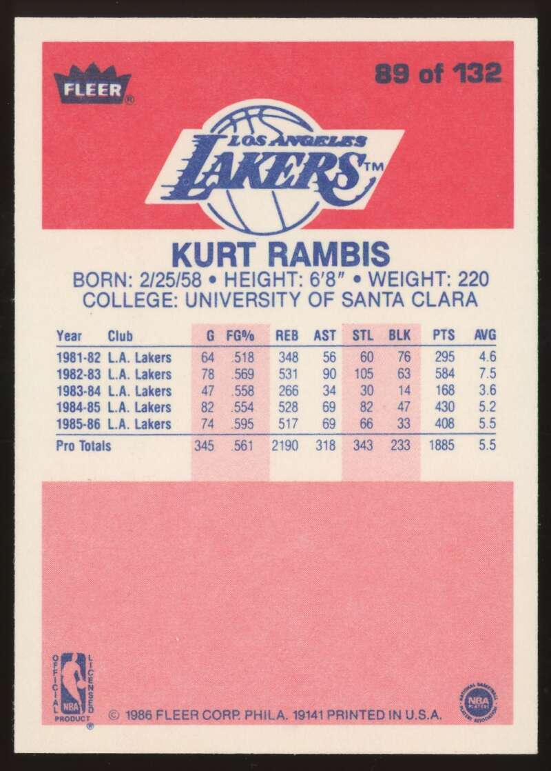 Load image into Gallery viewer, 1986-87 Fleer Kurt Rambis #89 Los Angeles Lakers Rookie RC NM Near Mint Image 2
