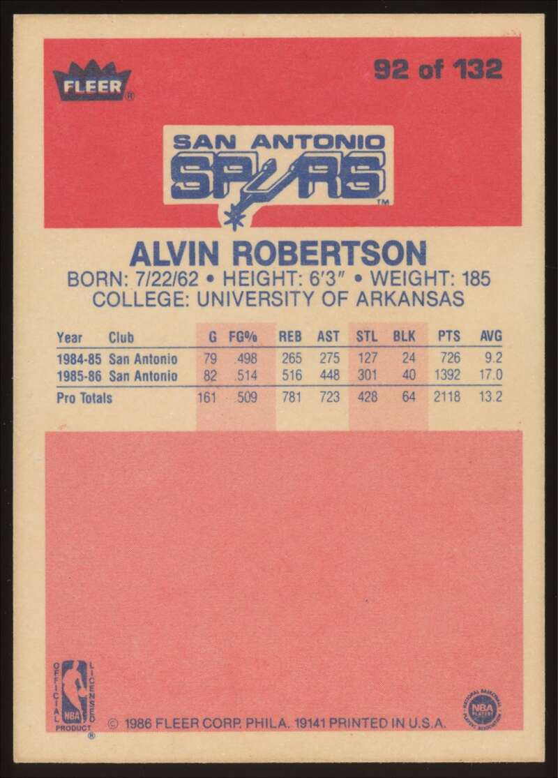 Load image into Gallery viewer, 1986-87 Fleer Alvin Robertson #92 San Antonio Spurs Rookie RC NM Near Mint Image 2
