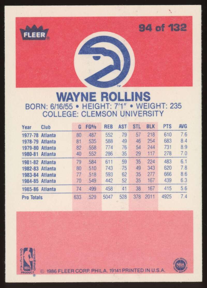 Load image into Gallery viewer, 1986-87 Fleer Wayne Rollins #94 Atlanta Hawks NM Near Mint Image 2
