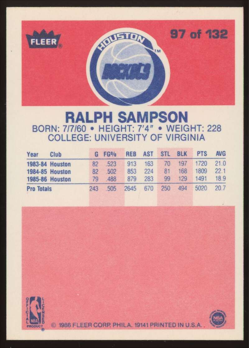 Load image into Gallery viewer, 1986-87 Fleer Ralph Sampson #97 Houston Rockets Rookie RC NM Near Mint Image 2
