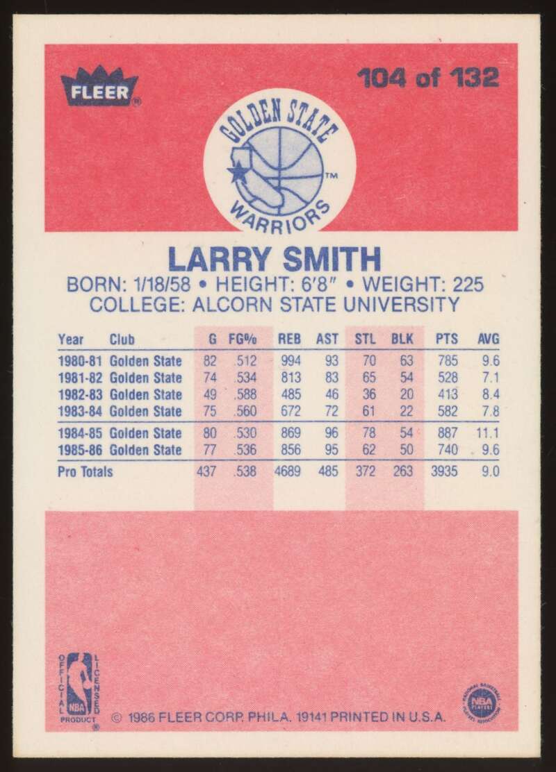 Load image into Gallery viewer, 1986-87 Fleer Larry Smith #104 Golden State Warriors NM Near Mint Image 2
