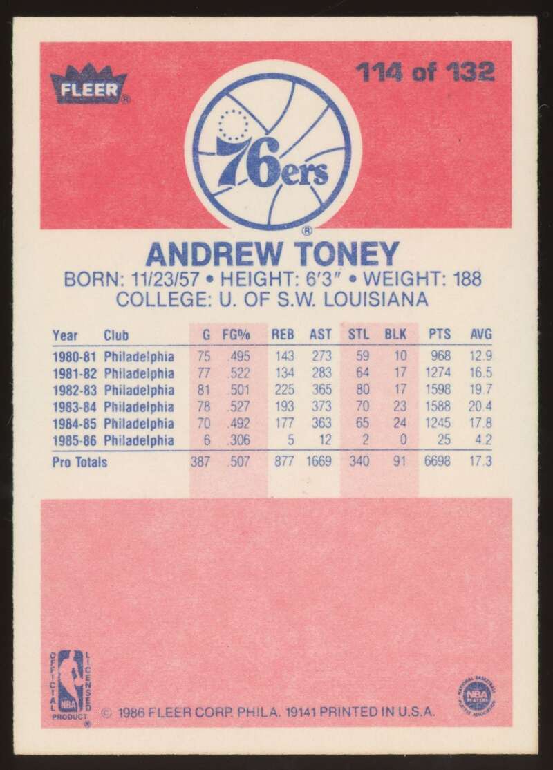 Load image into Gallery viewer, 1986-87 Fleer Andrew Toney #114 Philadelphia 76ers NM Near Mint Image 2

