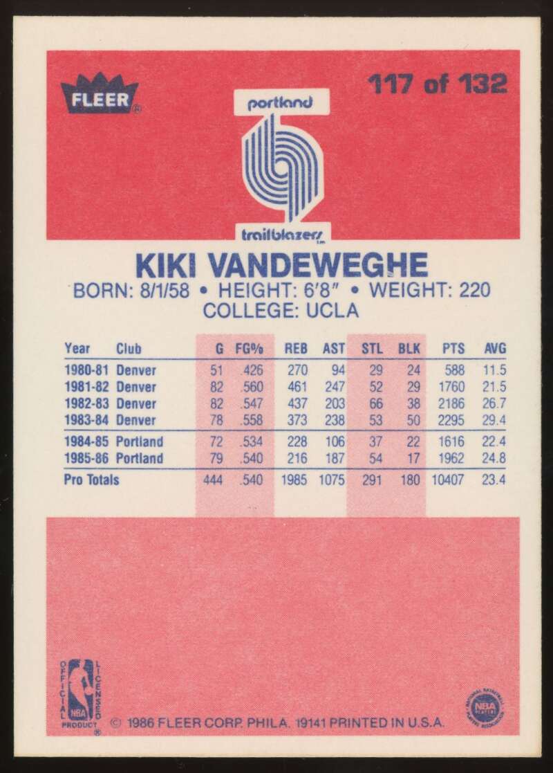 Load image into Gallery viewer, 1986-87 Fleer Kiki Vandeweghe #117 Portland Trail Blazers Rookie RC NM Near Mint Image 2
