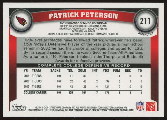 2011 Topps Chrome Refractor Patrick Peterson