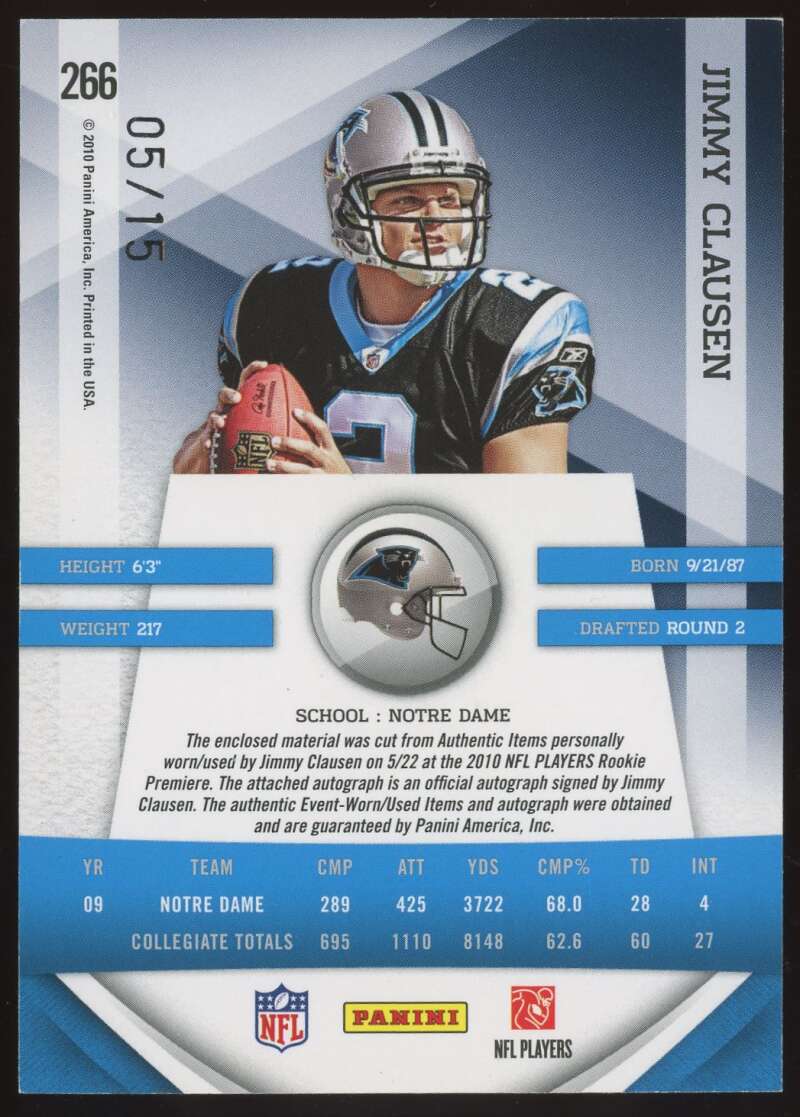 Load image into Gallery viewer, 2010 Panini Gridiron Gear Rookie Patch Auto Prime Jimmy Clausen #266 Carolina Panthers RC RPA /15  Image 2
