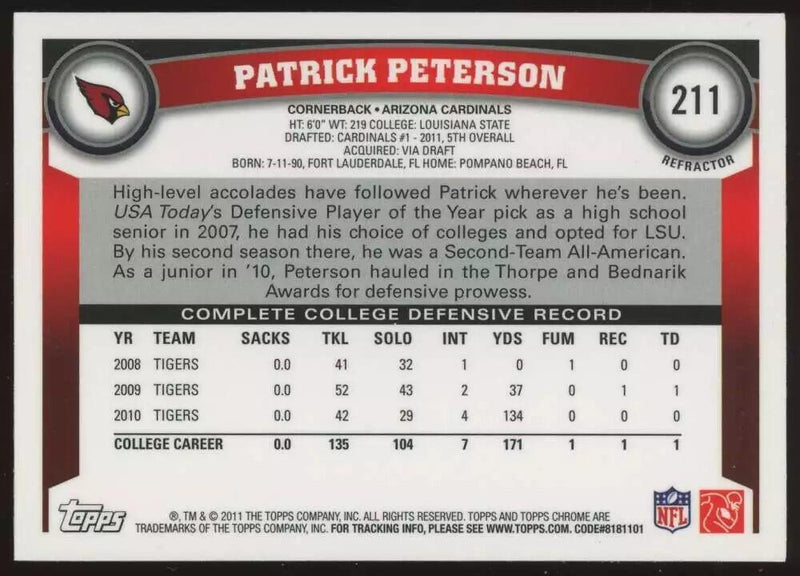 Load image into Gallery viewer, 2011 Topps Chrome Refractor Patrick Peterson #211 Arizona Cardinals Rookie RC Image 2
