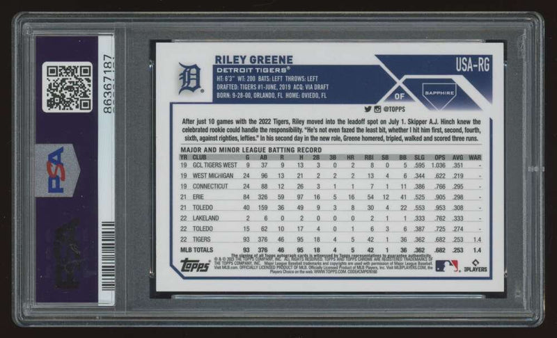 Load image into Gallery viewer, 2023 Topps Chrome Update Sapphire Auto Green Riley Greene #USA-RG Detroit Tigers Rookie RC PSA 9 /99  Image 2
