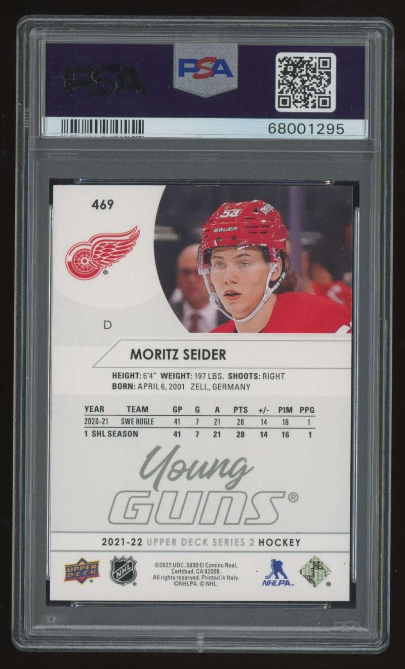 Load image into Gallery viewer, 2021-22 Upper Deck Young Guns Moritz Seider #469 Detroit Red Wings Rookie RC PSA 9 Image 2
