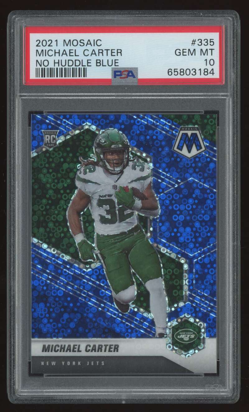 Load image into Gallery viewer, 2021 Panini Mosaic No Huddle Blue Michael Carter #335 New York Jets Rookie RC PSA 10 /75  Image 1
