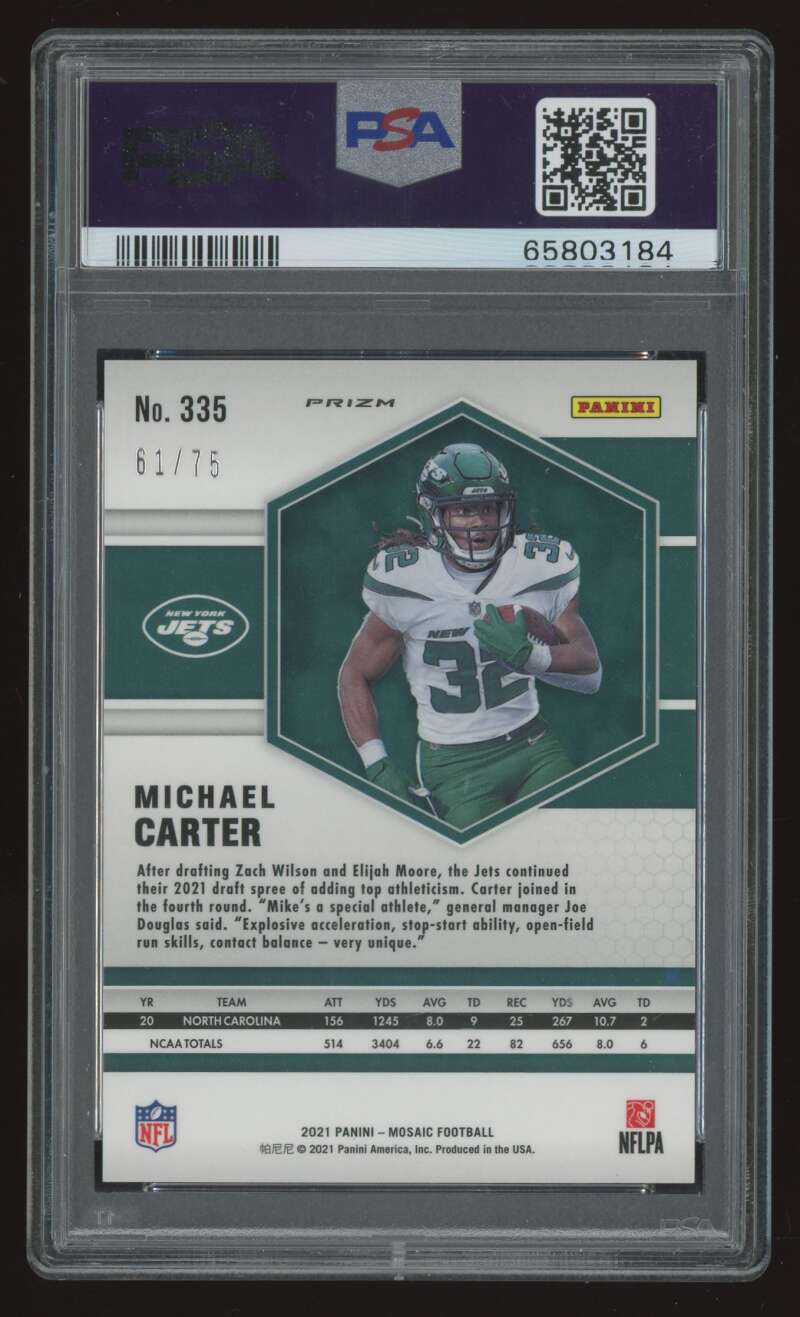 Load image into Gallery viewer, 2021 Panini Mosaic No Huddle Blue Michael Carter #335 New York Jets Rookie RC PSA 10 /75  Image 2
