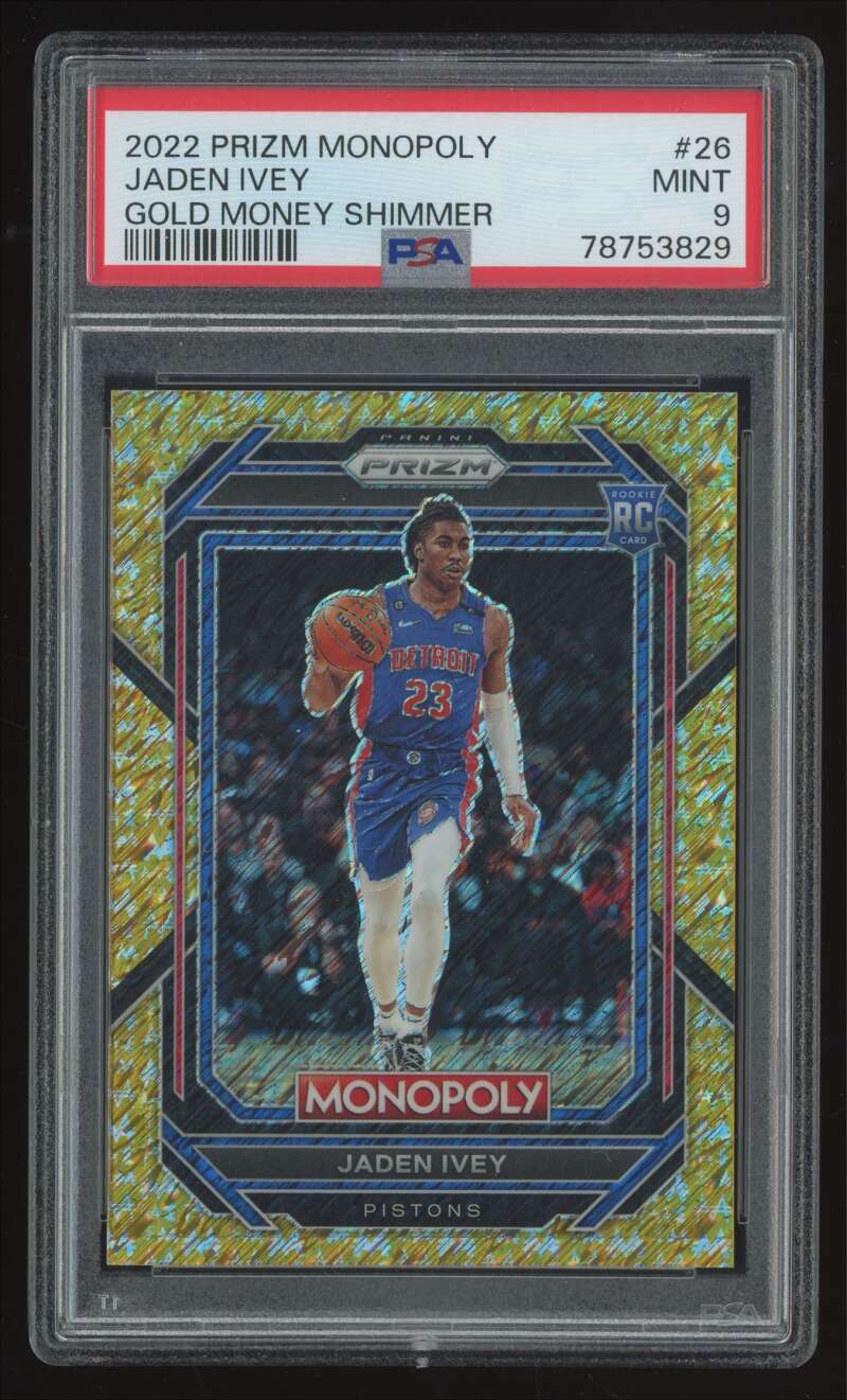 Load image into Gallery viewer, 2022-23 Panini Monopoly Prizm Gold Money Shimmer Jaden Ivey #26 Detroit Pistons Rookie RC PSA 9 /500  Image 1

