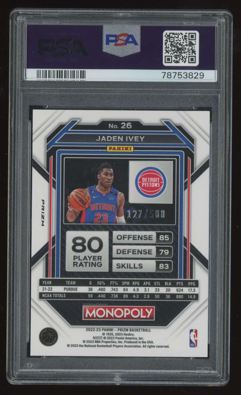 Load image into Gallery viewer, 2022-23 Panini Monopoly Prizm Gold Money Shimmer Jaden Ivey #26 Detroit Pistons Rookie RC PSA 9 /500  Image 2
