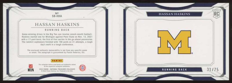 Load image into Gallery viewer, 2022 Panini National Treasures Rookie Patch Auto Booklet Blue Hassan Haskins #SB-HHA Michigan Wolverines RC RPA /75  Image 2
