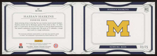 2022 Panini National Treasures Rookie Patch Auto Booklet Blue Hassan Haskins
