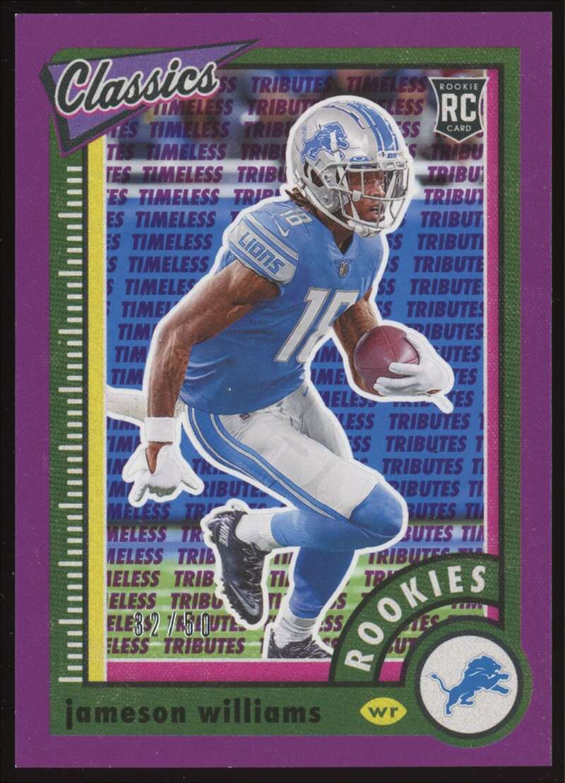 Load image into Gallery viewer, 2022 Panini ClassicsTimeless Tributes Purple Jameson Williams #166 Detroit Lions Rookie RC /50  Image 1
