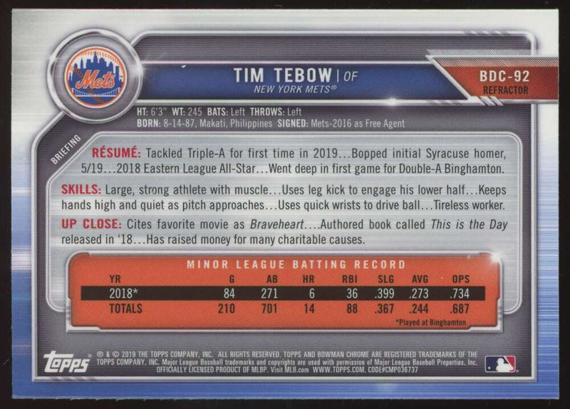 Load image into Gallery viewer, 2019 Bowman Draft Chrome Refractor Tim Tebow #BDC-92 New York Mets Rookie RC Image 2
