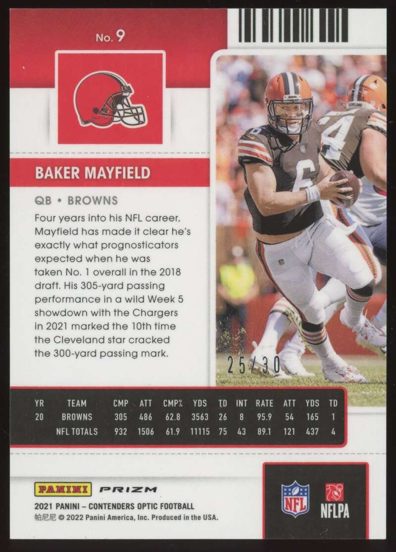 Load image into Gallery viewer, 2021 Panini Contenders Optic Green Pulsar Prizm Baker Mayfield #9 Cleveland Browns /30  Image 2
