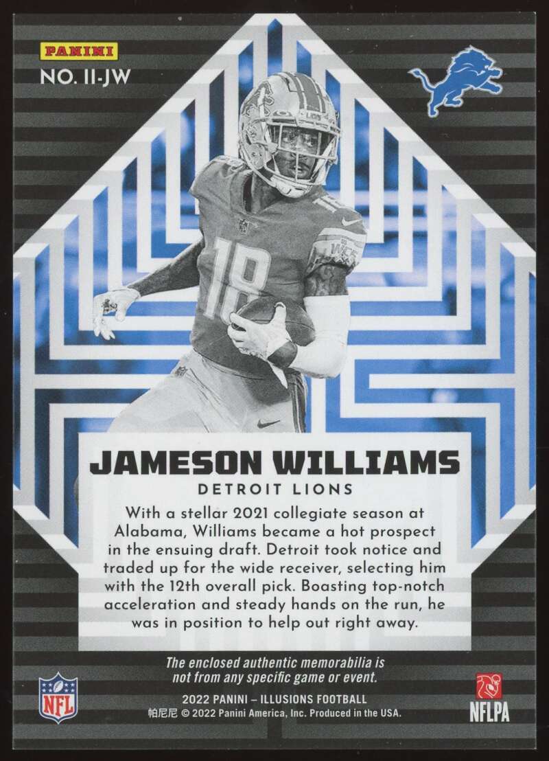 Load image into Gallery viewer, 2022 Panini Illusions Instant Impact Jameson Williams #II-JW Detroit Lions Rookie RC Patch Image 2
