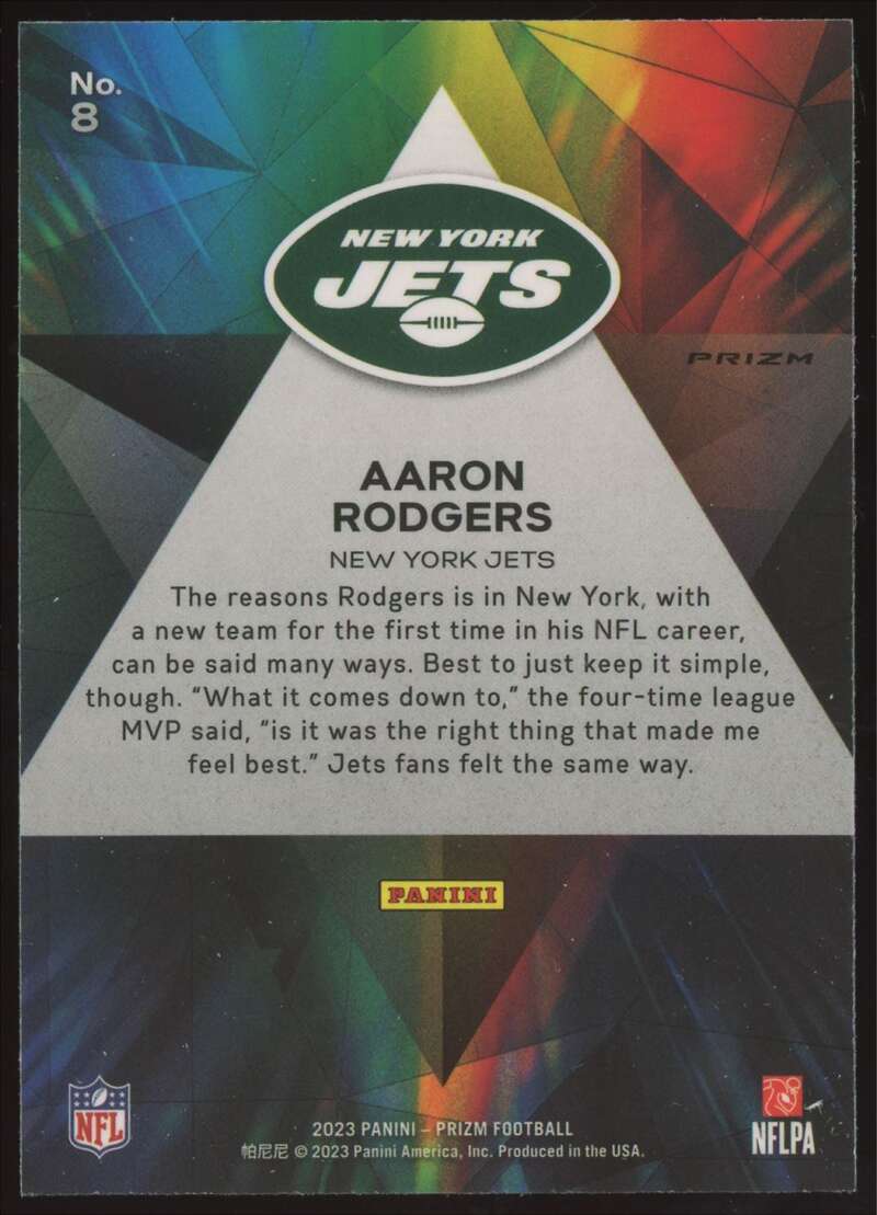 Load image into Gallery viewer, 2023 Panini Prizm Prizmatic Silver Prizm Aaron Rodgers #8 New York Jets  Image 2
