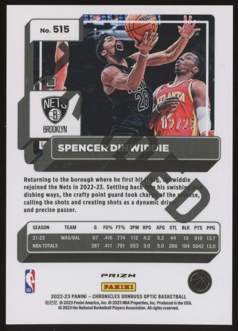 Load image into Gallery viewer, 2022-23 Panini Chronicles Donruss Optic Swirl Spencer Dinwiddie #515 Brooklyn Nets /25  Image 2
