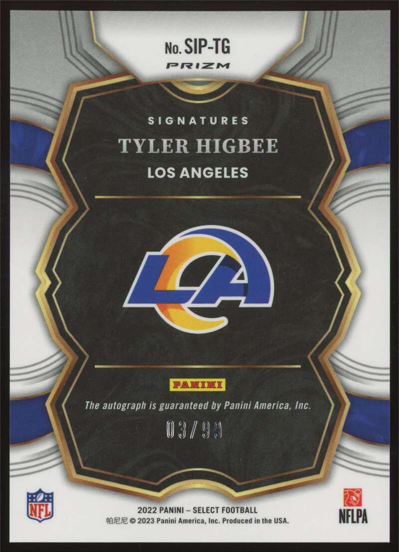 Load image into Gallery viewer, 2022 Panini Select Signatures Blue Prizm Tyler Higbee #SIP-TG Los Angeles Rams Auto /99  Image 2
