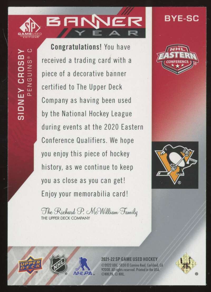Load image into Gallery viewer, 2021-22 SP Game Used Banner Year Relic Sidney Crosby #BYE-SC Pittsburgh Penguins Patch Image 2
