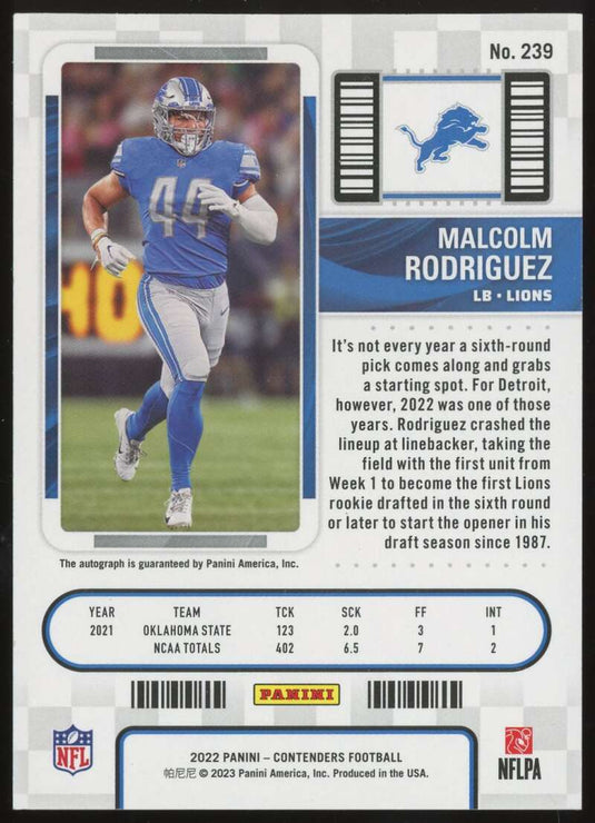 2022 Panini Contenders Rookie Ticket Auto Malcolm Rodriguez