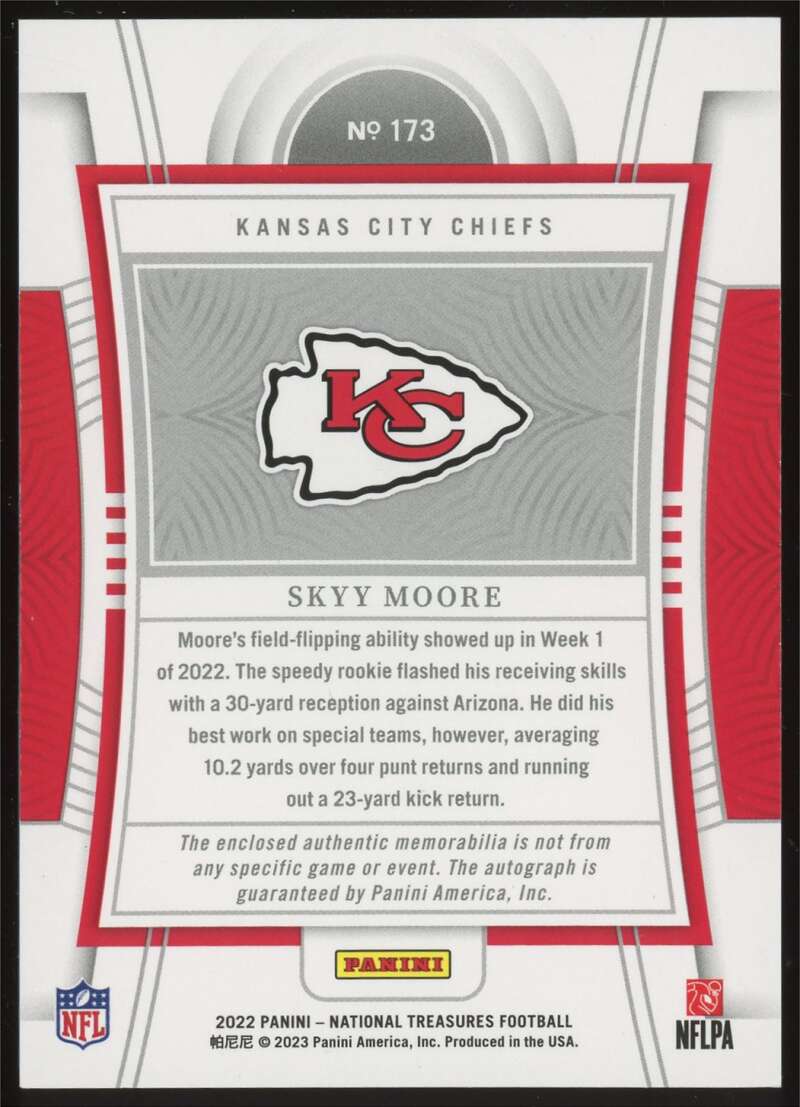 Load image into Gallery viewer, 2022 Panini National Treasures Rookie Patch Auto Purple Skyy Moore #173 Kansas City Chiefs RC RPA /49  Image 2
