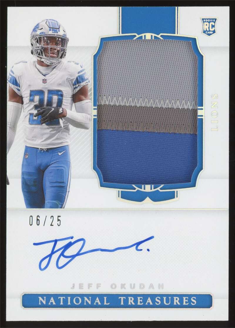 Load image into Gallery viewer, 2020 Panini National Treasures Rookie Patch Auto Holo Silver Jeff Okudah #199 Detroit Lions RC RPA /25  Image 1

