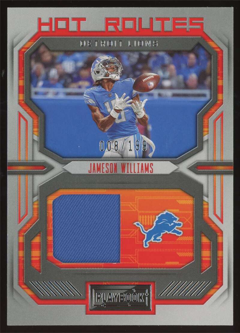 Load image into Gallery viewer, 2022 Panini Playbook Hot Routes Jameson Williams #HR-23 Detroit Lions Rookie RC Patch Relic /199  Image 1
