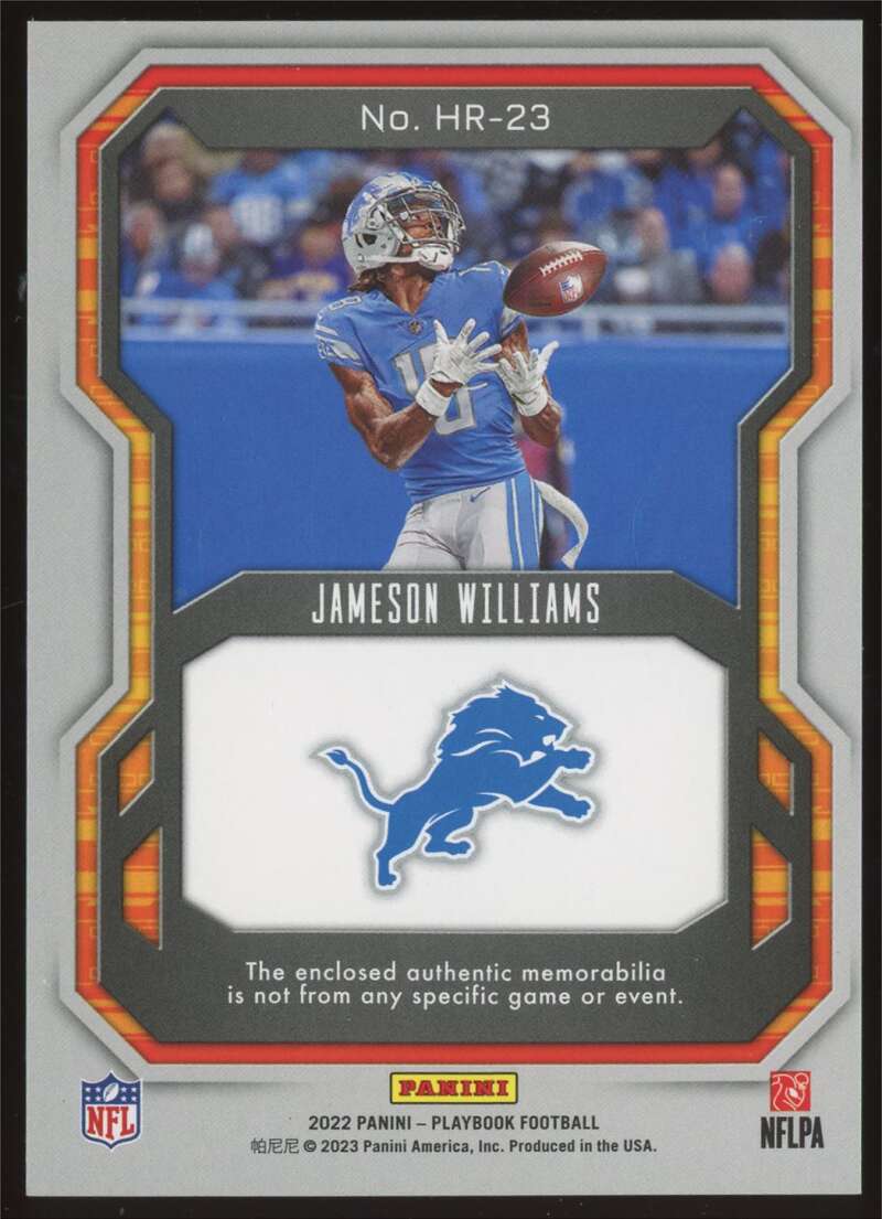 Load image into Gallery viewer, 2022 Panini Playbook Hot Routes Jameson Williams #HR-23 Detroit Lions Rookie RC Patch Relic /199  Image 2
