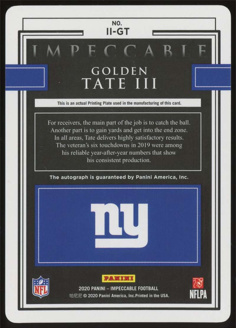 Load image into Gallery viewer, 2020 Panini Impeccable Indelible Ink Printing Plate Black 1/1 Golden Tate #II-GT New York Giants Auto /1  Image 2
