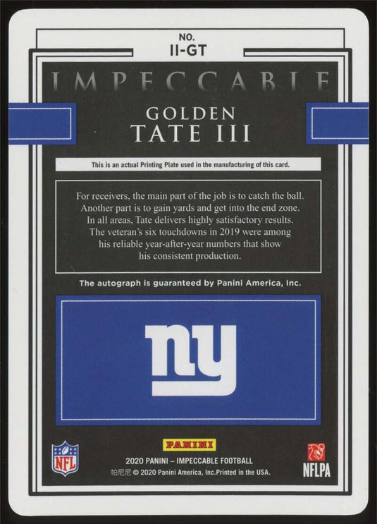2020 Panini Impeccable Indelible Ink Printing Plate Black 1/1 Golden Tate